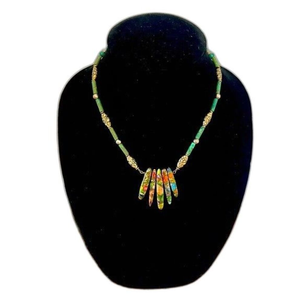 Boho Chic Sea Sediment Green Jasper Dagger Pendant Necklace Artisan 18”